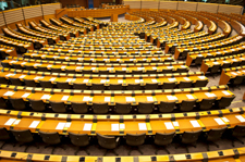 view down to the centre of a hemicycle debating chamber