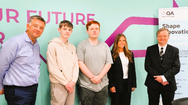 SQA Chief Executive Nick Page meets Sam Forbes, Ben Cooper, and Caitlin Dunion and David Hannah, Head of Apprenticeship Delivery at QA Ltd