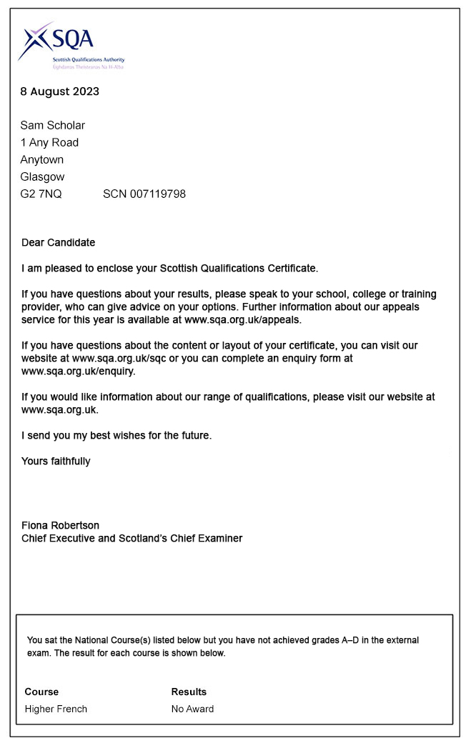 A letter form the SQA which will be included in your certificate envelope. If your letter has a box saying 'You were entered for the National Course(s) listed below', it means you have not attained Grades A-D in these courses.