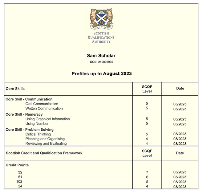 This page of your certificate contains your Core Skills and SCQF profile. The SCQF credit points are cumulative and are updated each time a new certificate is issued